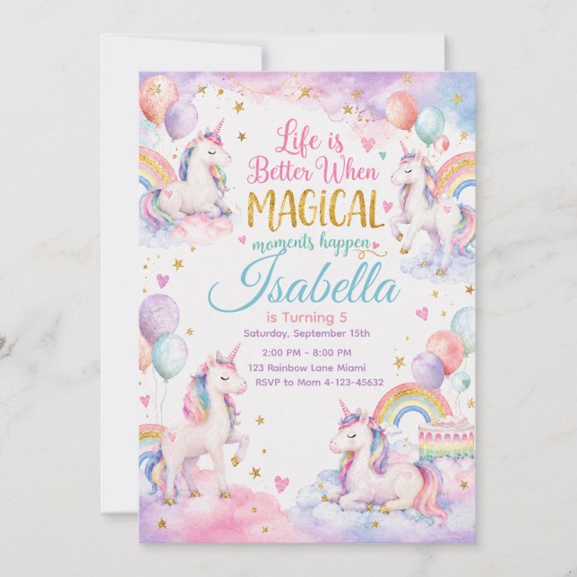 Pastel Unicorn Birthday Invitation Template Cool (Front)