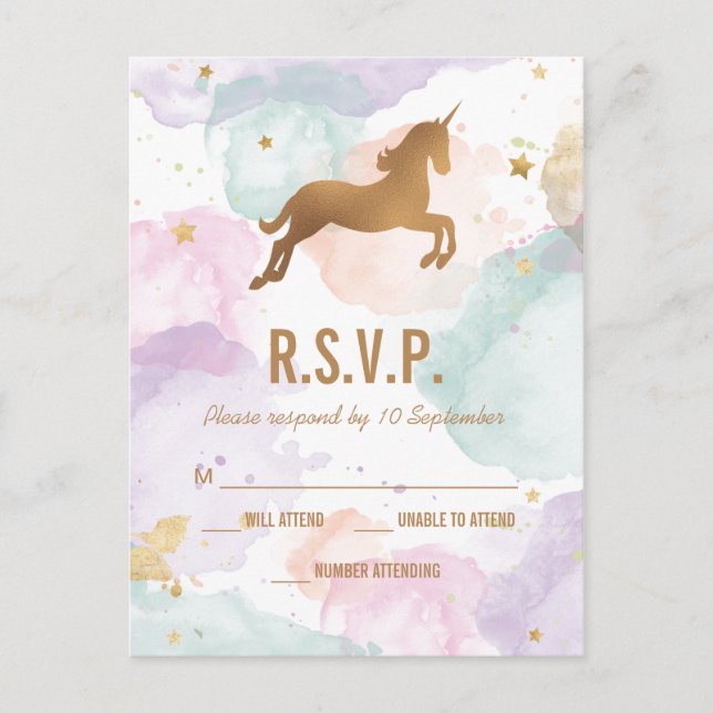 Pastel Unicorn Birthday Party RSVP Invitation Postcard (Front)