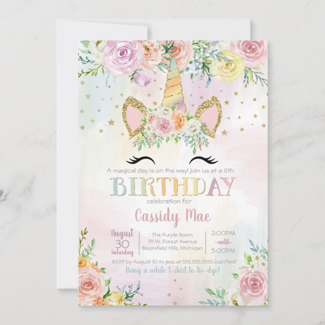 Pastel Unicorn Floral Children's Birthday Invitation (Front)