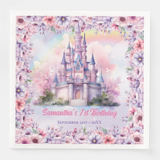 Pastel Unicorn Girl Birthday fairy castle Napkin (Front)