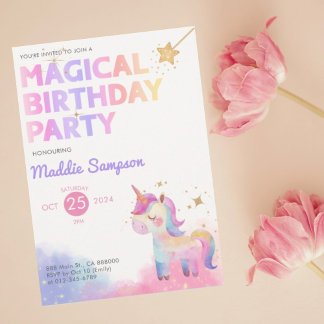 Pastel Unicorn Girl Birthday Party Invitation 