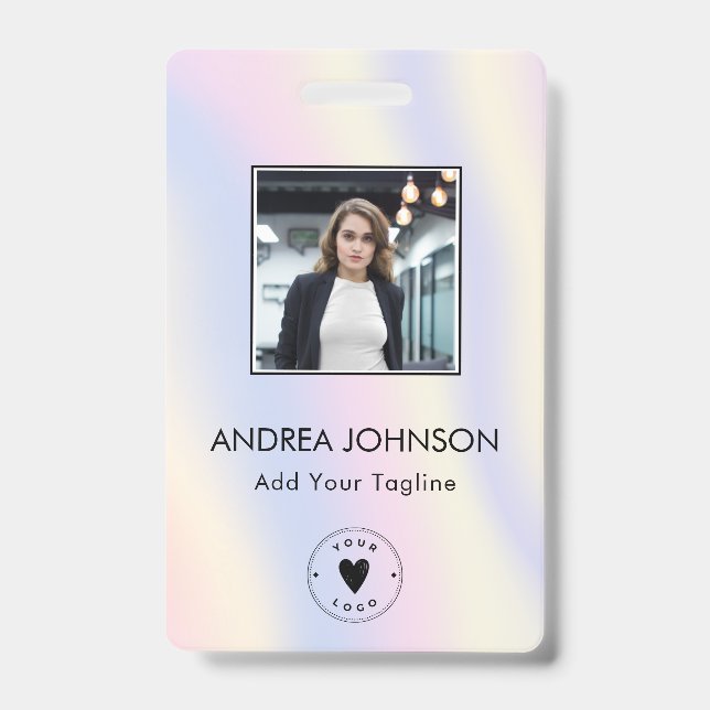 Pastel Unicorn Holograph Photo Logo Bar Code Name ID Badge (Front)