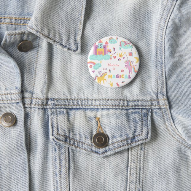 Pastel unicorn magic is all around birthday 6 cm round badge (In Situ)