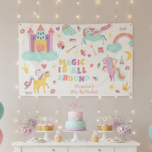Pastel unicorn magic is all around birthday banner