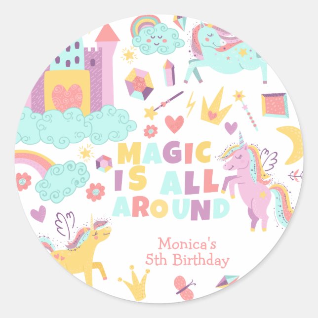 Pastel unicorn magic is all around birthday classic round sticker (Front)