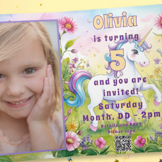 Pastel Unicorn Magical Custom Birthday Photo Invitation