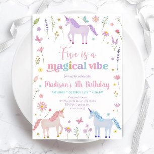 Pastel Unicorn Meadow Fifth Birthday Invitation