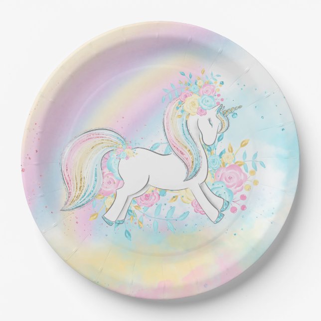 Pastel Unicorn Rainbow Baby Shower Paper Plates (Front)