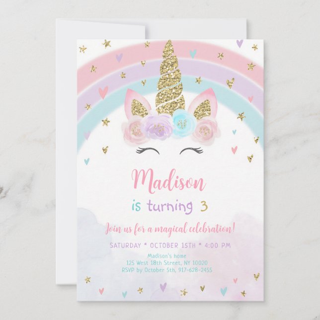 Pastel Unicorn Rainbow Birthday Invitation (Front)