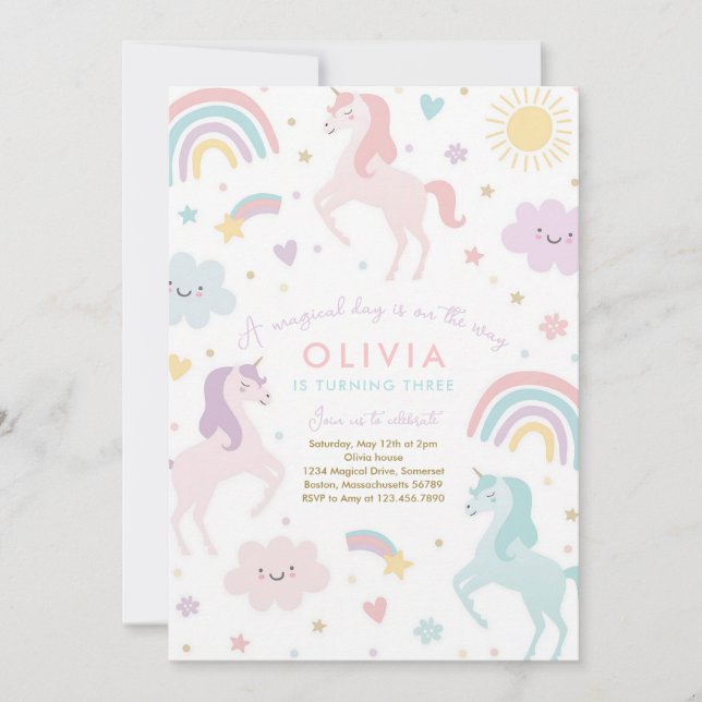 Pastel Unicorn Rainbow Birthday Invitation (Front)