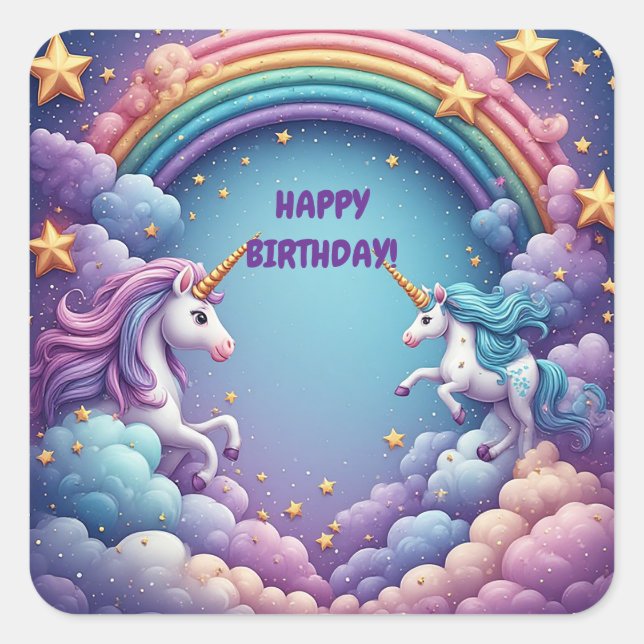 🦄 Pastel Unicorn Rainbow Fantasy With Sparkling S Square Sticker (Front)
