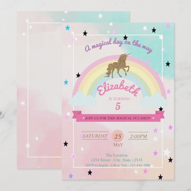 Pastel, Unicorn,Rainbow Stars Birthday Invitation (Front/Back)