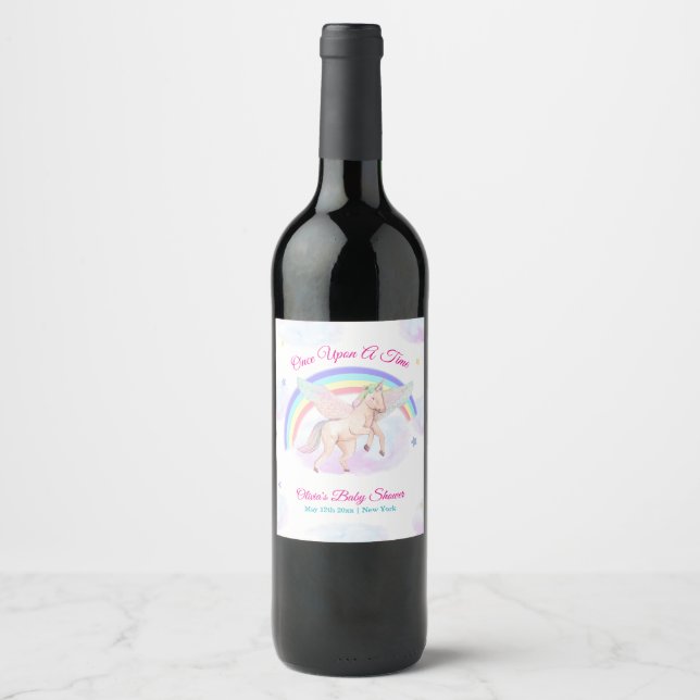 Pastel Unicorn Star Rainbow Fairytale Baby Shower  Wine Label (Front)