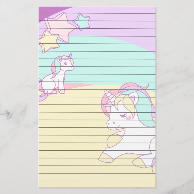 Pastel Unicorns in Yellow Purple Pink and Turquois Stationery (Front)