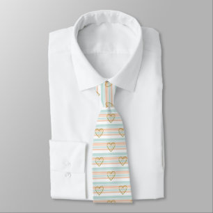 Pastel Valentine Hearts and Stripes Gold Accent Tie