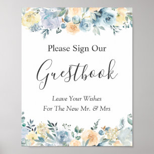 Pastel Vanilla Blue Floral Wedding Guestbook Sign
