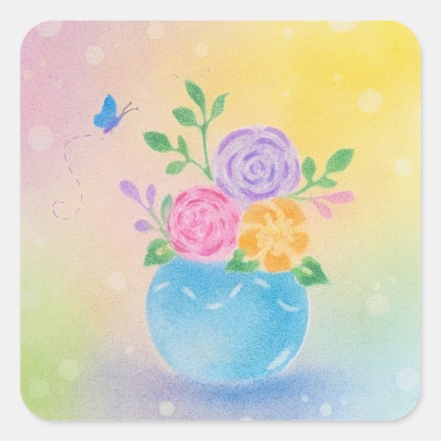 Pastel Vase Flowers Butterfly Art Square Sticker (Front)