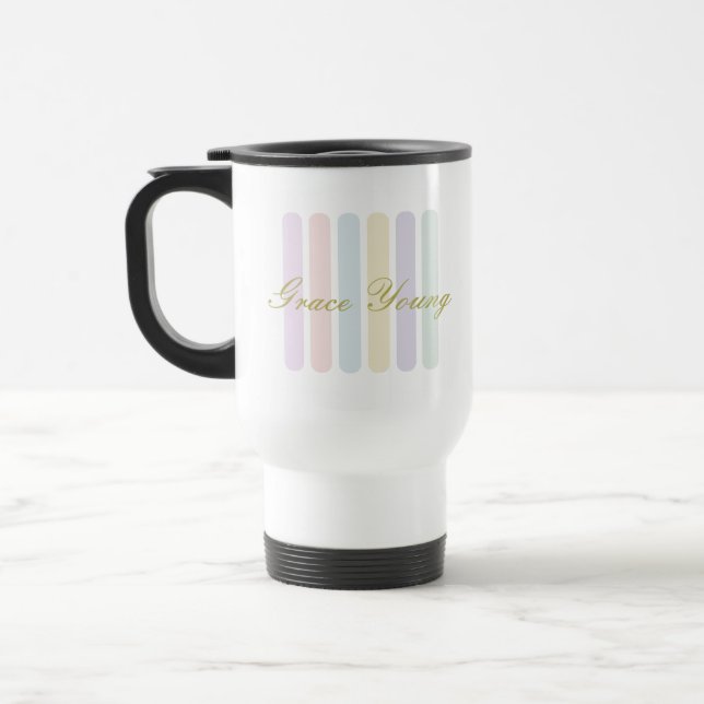 Pastel Vertical Stripes Script Name Travel Mug (Left)