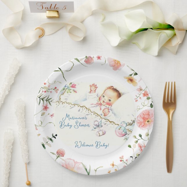 Pastel Vintage Baby Girl Baby Shower Paper Plate (Wedding)