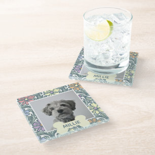 Pastel Vintage Floral Custom Dog Photo Glass Coaster