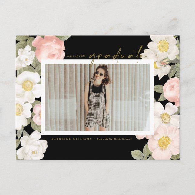 Pastel Vintage Flowers Black Photo Graduation Postcard (Front)