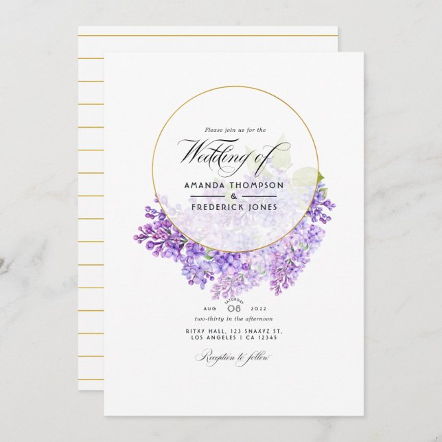 Pastel Violet and Gold Geometric Herbarium Wedding Invitation (Front/Back)