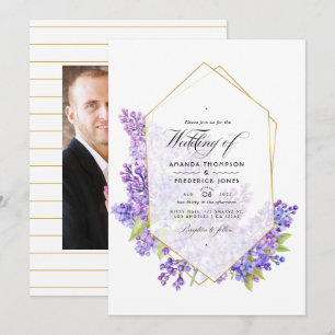 Pastel Violet and Gold Geometric Herbarium Wedding Invitation