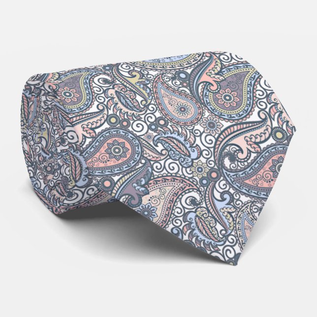 Pastel Violet Blue Pink Paisley Floral Pattern Tie (Rolled)