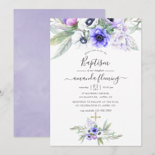 Pastel Violet Floral Baptism Invitation