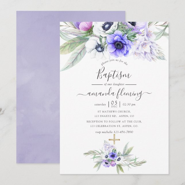 Pastel Violet Floral Baptism Invitation (Front/Back)