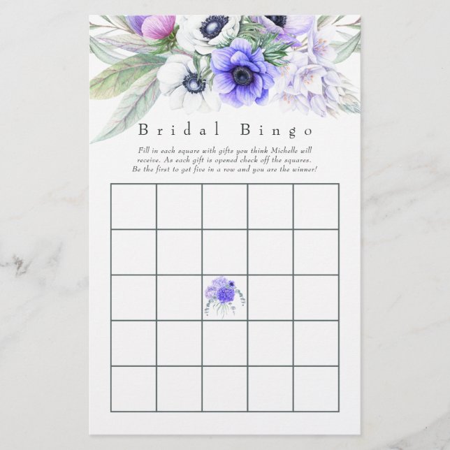 Pastel Violet Floral Bridal Shower Bingo (Front)