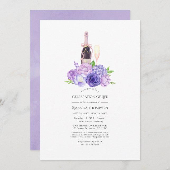 Pastel Violet Floral Champagne Celebration of Life Invitation (Front/Back)