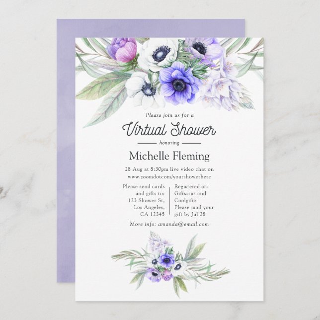 Pastel Violet Floral Virtual Shower Invitation (Front/Back)