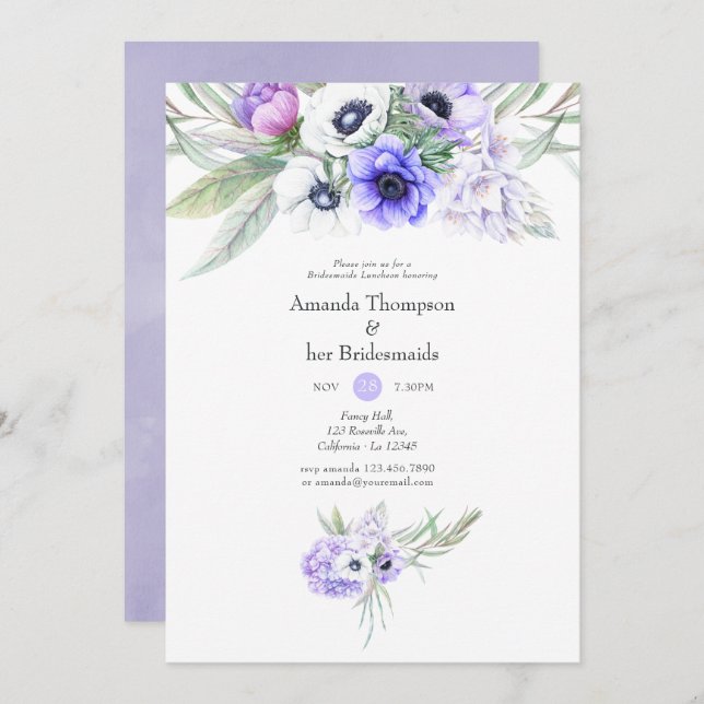 Pastel Violet Floral Wedding Bridesmaids Luncheon Invitation (Front/Back)