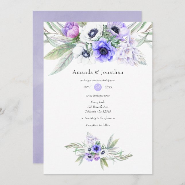 Pastel Violet Floral Wedding Invitation (Front/Back)
