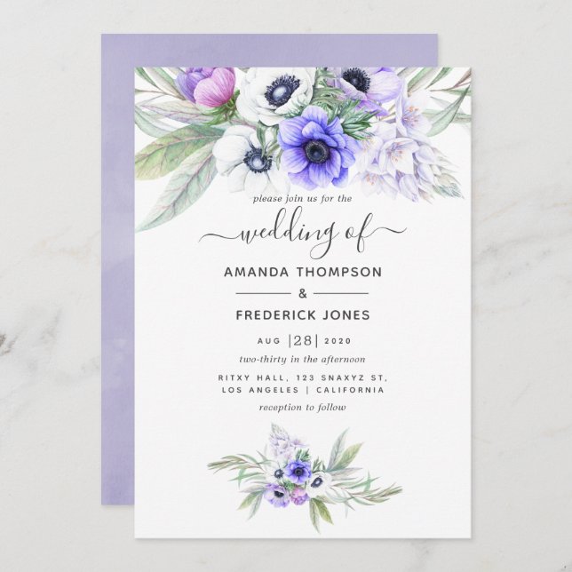 Pastel Violet Floral Wedding Invitation (Front/Back)