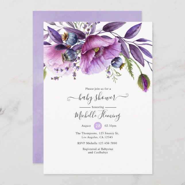 Pastel Violet Poppy Floral Baby Shower Invitation (Front/Back)