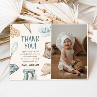 Pastel Watercolor Baking Boy Birthday Photo Thank You Card