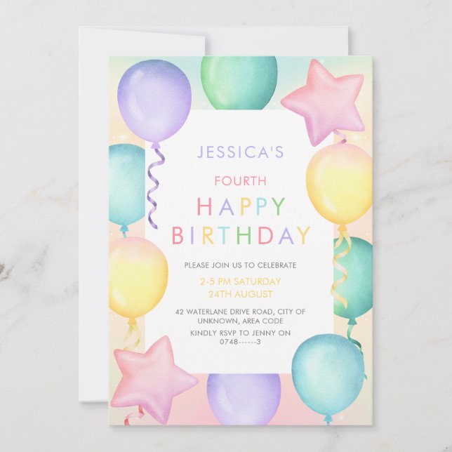 Pastel watercolor balloon Kids Birthday Invitation (Front)