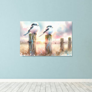 Pastel Watercolor Birds Fencepost Sunset Canvas Print