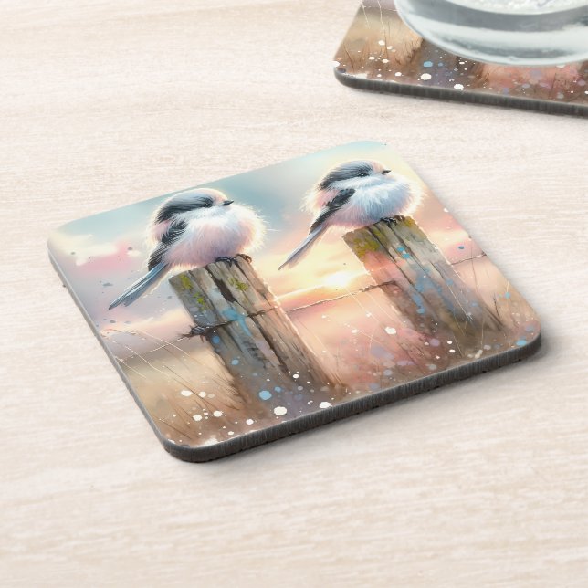 Pastel Watercolor Birds Fencepost Sunset Coaster (Left Side)