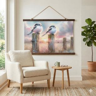 Pastel Watercolor Birds Fencepost Sunset Hanging Tapestry