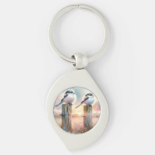 Pastel Watercolor Birds Fencepost Sunset Key Ring