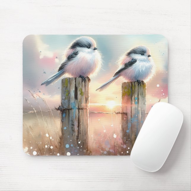 Pastel Watercolor Birds Fencepost Sunset Mouse Pad (With Mouse)