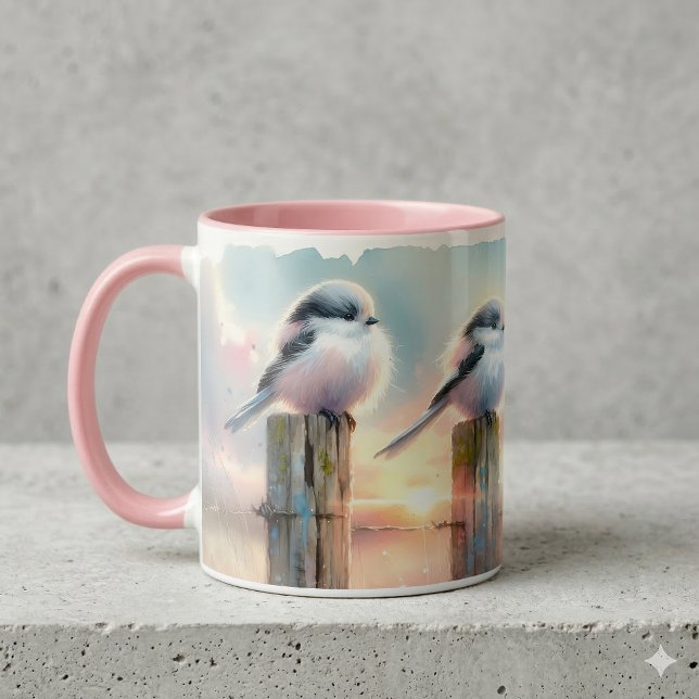 Pastel Watercolor Birds Fencepost Sunset Mug (Pastel Watercolor Birds Fencepost Sunset Mug On Gray Counter)