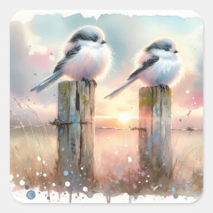 Pastel Watercolor Birds Fencepost Sunset Square Sticker