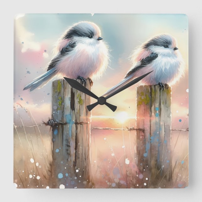 Pastel Watercolor Birds Fencepost Sunset Square Wall Clock (Front)