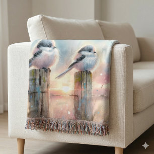Pastel Watercolor Birds Fencepost Sunset Throw Blanket