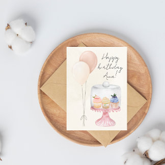 Pastel Watercolor Birthday Card with Cupcakes