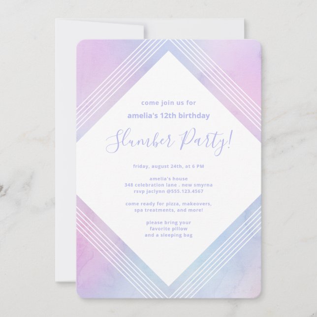 Pastel Watercolor Birthday Slumber Party Purple Invitation (Front)